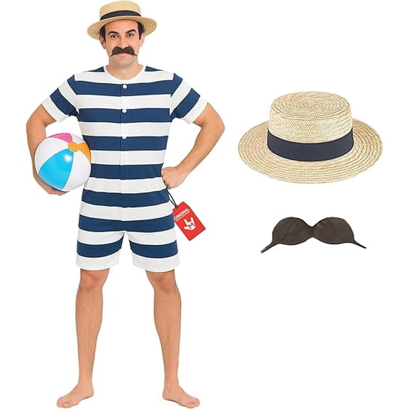 Fun Shack Mens Blue Victorian Bathing Suit Hat Tash Beach Hunk Fancy Dress Costume Halloween Blue L