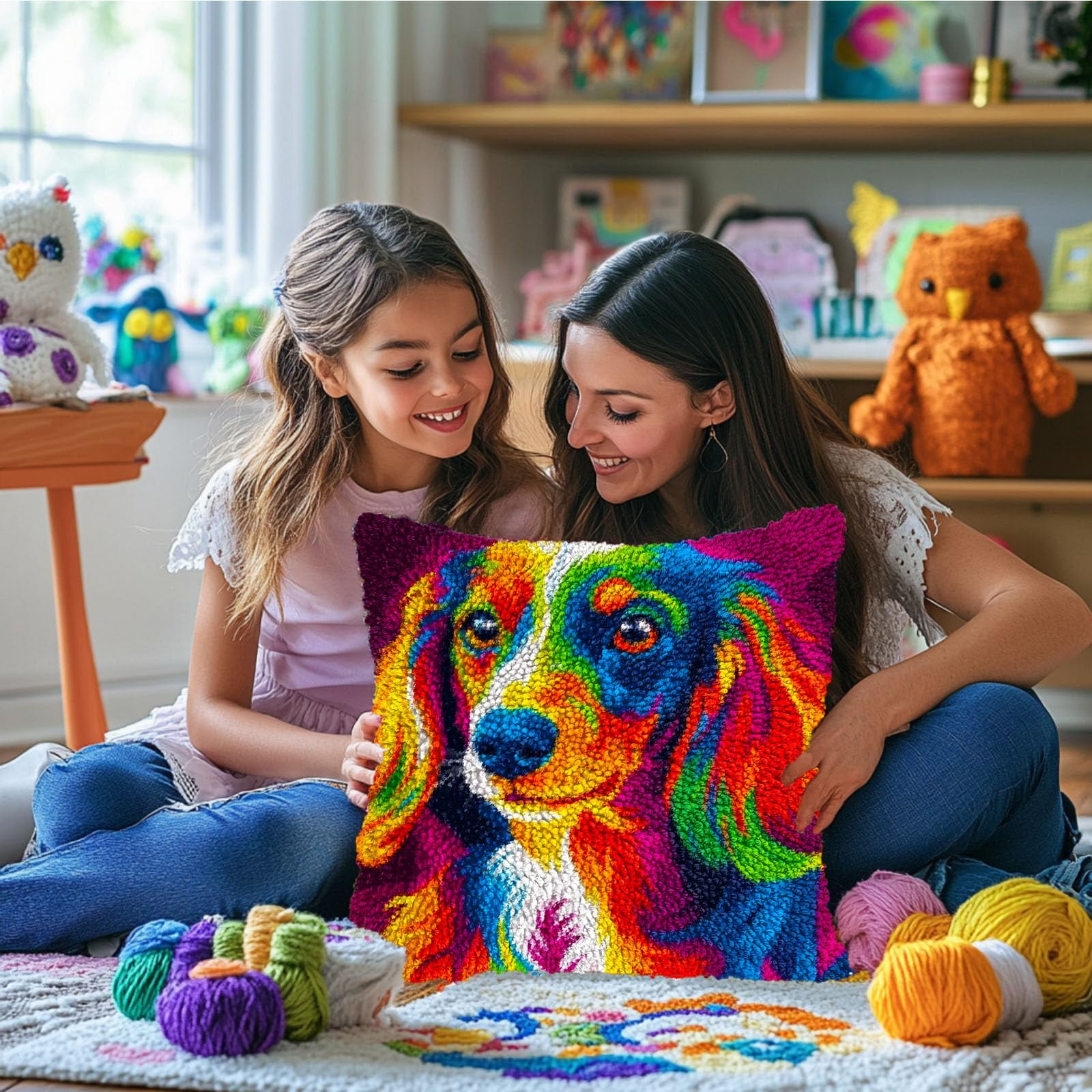 DIY Latch Hook Pillow Kits Colorful Dachshund Dog Printed Pillowcase Crochet Yarns Hooking Handmade Pillow Cover Cushion for Home Sofa Decoration 17x17inch-4