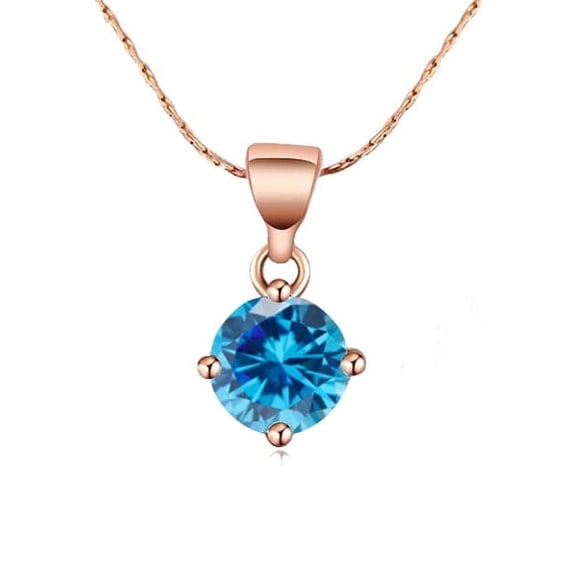 18k Rose Gold 2 Ct Round Created Aquamarine Stud Necklace 18 inch for Women Plated by Paris Jewelry