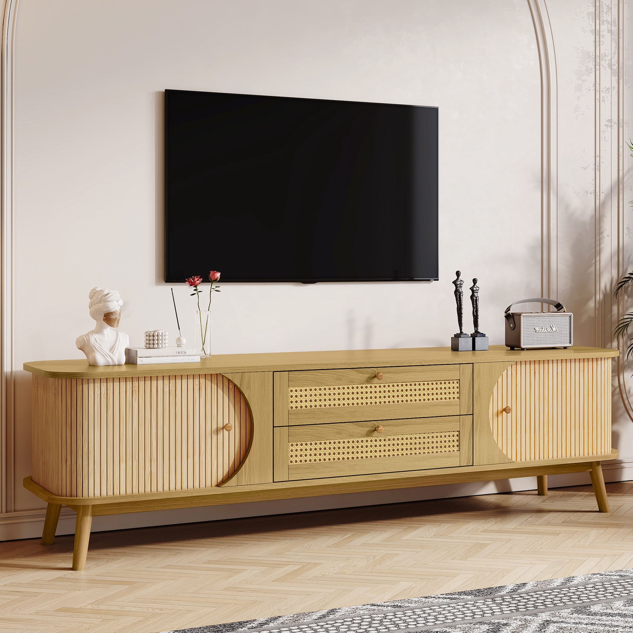 Noble House Rattan TV Stand for TVs up to 75 Inch with Storage Cabinets and Drawers, Natural