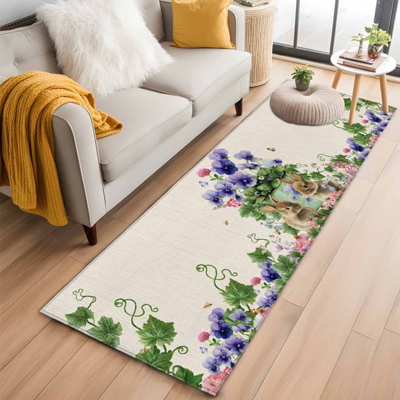 Spring Easter 2'x6' Runner Rugs for Hallway Kitchen Bedside Non Slip Washable, Purple Floral Summer Botanical Rustic Entryway Rug Runners with Rubber Backing, Long Carpet Runner for Laundry Room