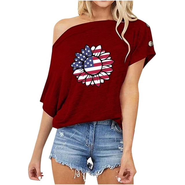 Día de la Independencia Moda Mujer Casual Manga corta Un hombro Tops Impreso Tops Blusa Pompotops hfajkhk133057