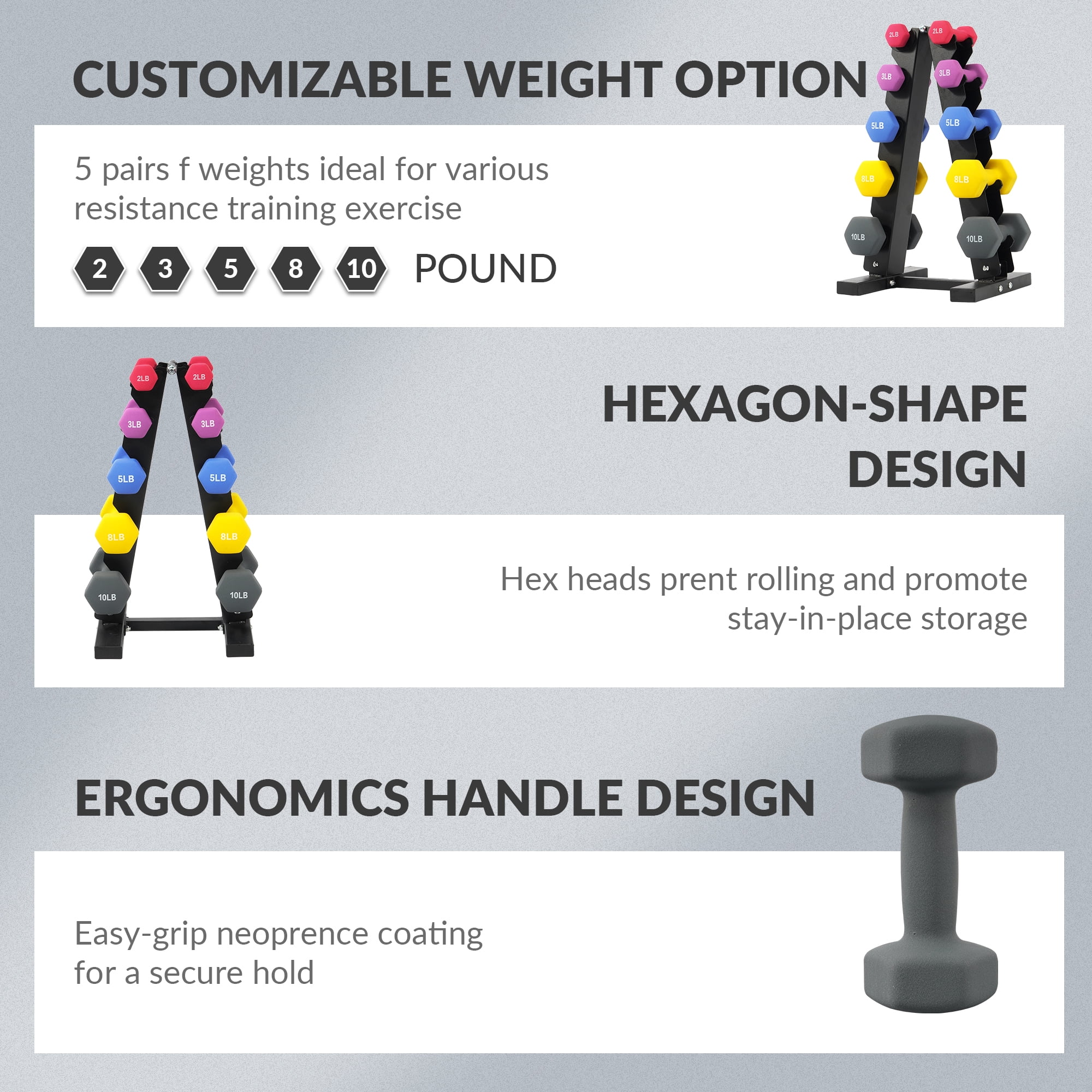 Signature Fitness Colorful Neoprene Dumbbell Set with Stand, 2lb 3lb 5lb 8lb 10lb Hand Weights for Home Gym