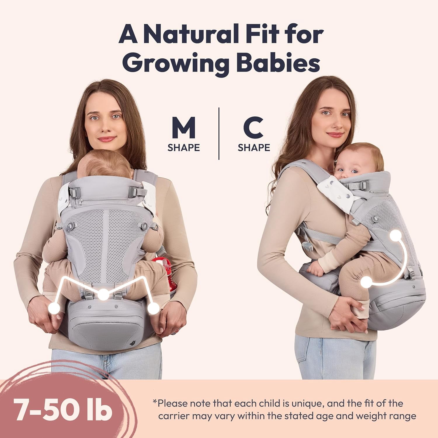 BabbleRoo Grow Plus Carrier – Safety Certified Organic Cotton Baby Carrier with Detachable Hip Seat, Infant to Toddler (7–50 lbs)- Light Gray
