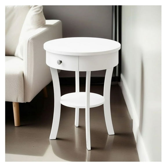 Round End Table with Drawer, Wood Side Table for Living Room - 20" x 20" x 24", White/Black Finish, Compact Nightstand & Sofa Table