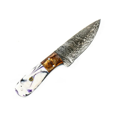 White and Purple Skinner Knife- Micarta- High Carbon Damascus Steel Blade- 8