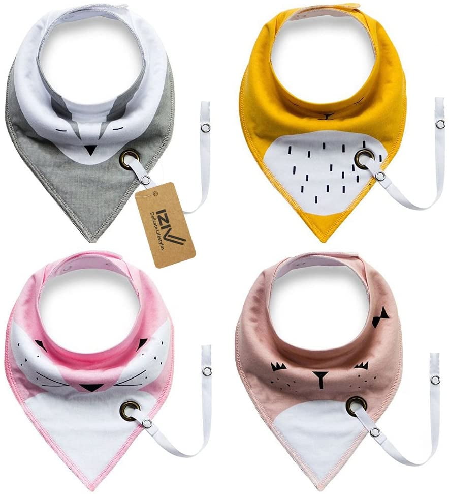 Absorbent Soft Cotton Lining 0-2 Years Color-6 iZiv 4 PACK Baby Bandana Drool Bibs with Adjustable Snaps Pacifier Clip 