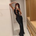 thumbnail image 4 of Hollow Out Women's Halter O-Neck Sleeveless Backless High Waist Sparkling Webbing Sexy Long Dress, Solid Color, 4 of 22