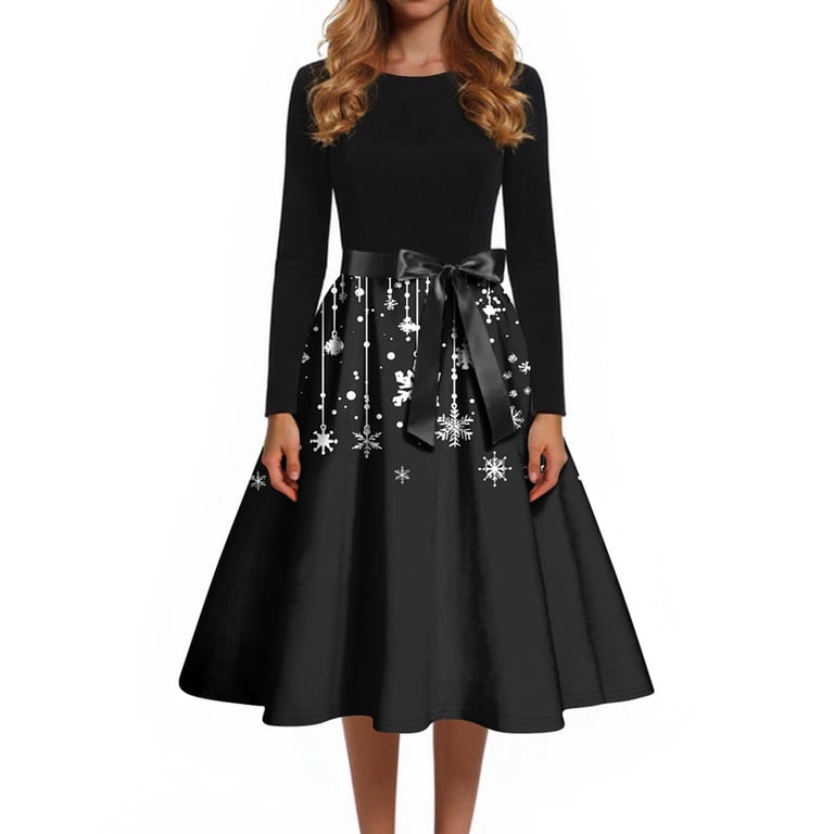 long sleeve black christmas dress Women's Print Flare with Snowflake, Christmas Tree and Snowman Pattern, Round Neck Vintage Party Dress with 