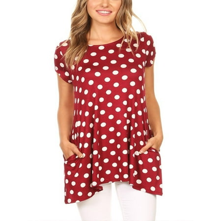 Women's Relaxed Fit Short Sleeve Polka Dot Round Neck Casual Pockets Blouse Tee Top Made in USA