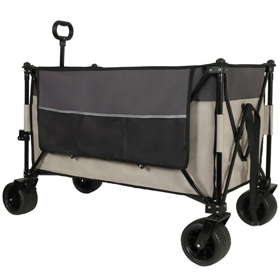 300L Extra Large Wagons Carts Foldable,480lbs Heavy Duty Folding Wagon,Utility Folding Cart With Big All-Terrain Wheels,Side Pockets, Brakes & Drink Holders For Groceries Garden Sport,khaki- Gray