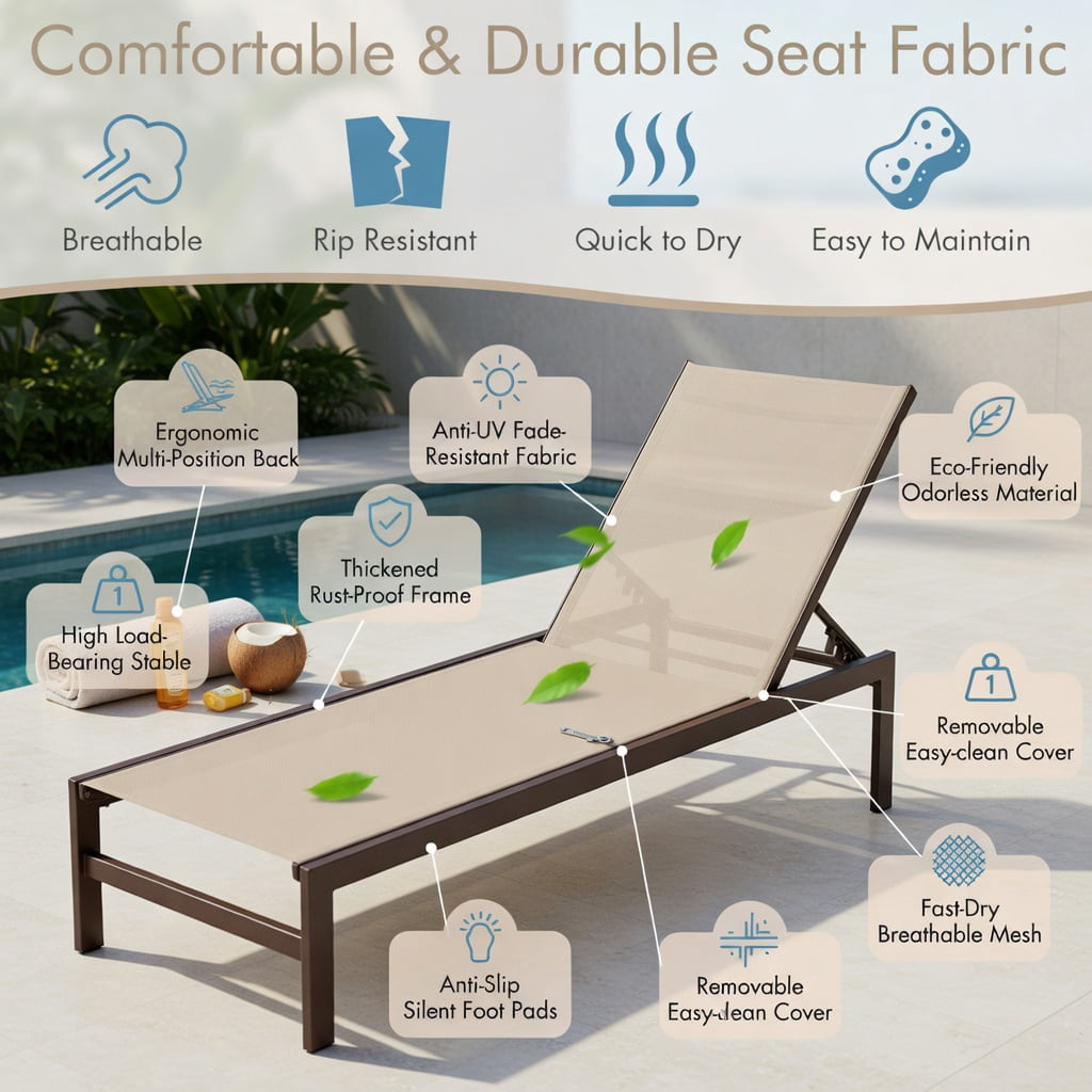 Hommoo 6-Position Adjustable Chaise Lounge Chair, Rustproof Aluminum Frame, Breathable Quick-Dry Fabric, Flat-Lay Recliner for Patio, Poolside & Backyard, Brown