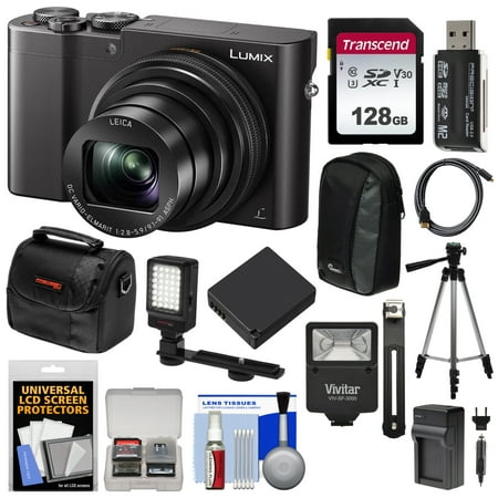 Panasonic Lumix DMC-ZS100 4K Wi-Fi Digital Camera (Black) with 128GB Card + Cases + Battery + Charger + Tripod + Flash +