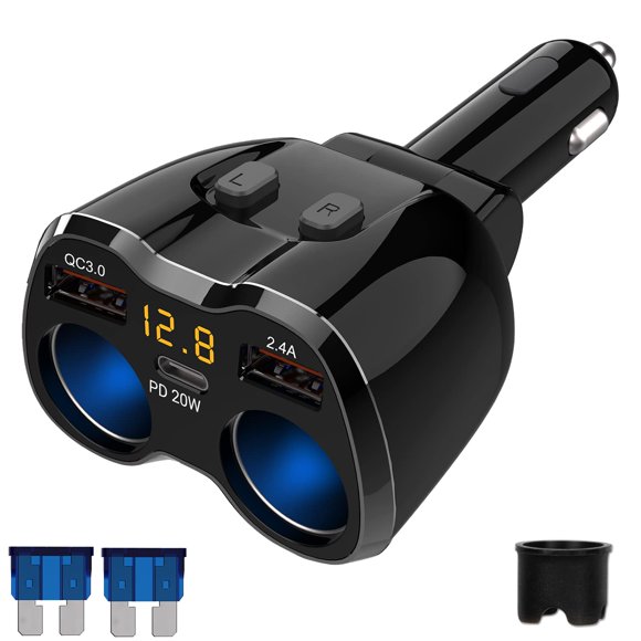 Divisor de Encendedor de Cigarrillos Qidoe 150W con 2 Tomas y USB-C PD 20W QC3.0