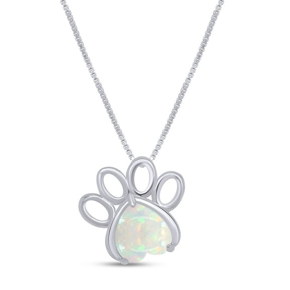 AFFY 7MM Heart Cut White Created Opal Paw Print Pendant Necklace In 14K White Gold Plated 925 Sterling Silver Along With 18" 2" Adjustable Chain