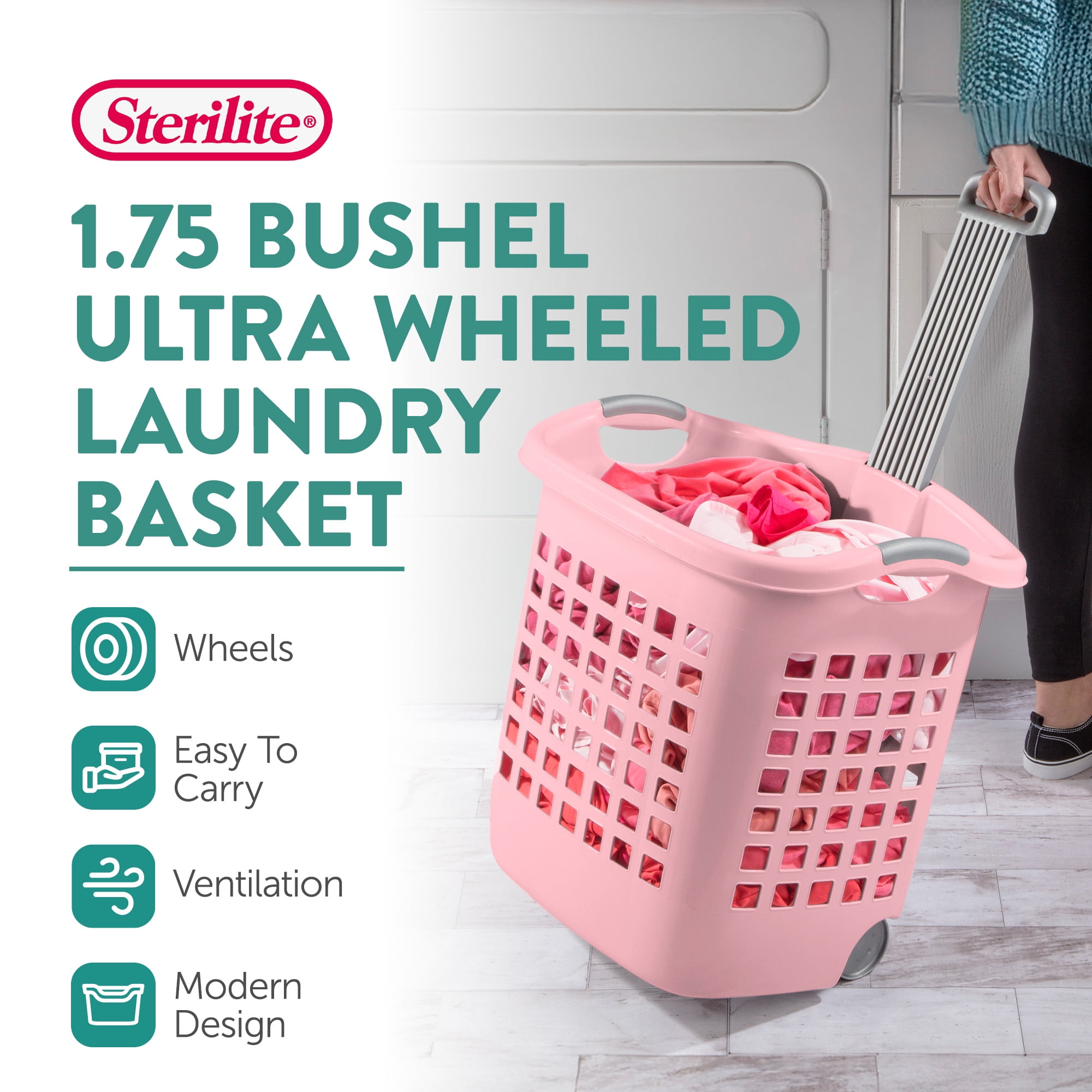 Sterilite Ultra Wheeled Laundry Basket, 1.7 Bushel with Handles, Pink Frost, 4 Pack