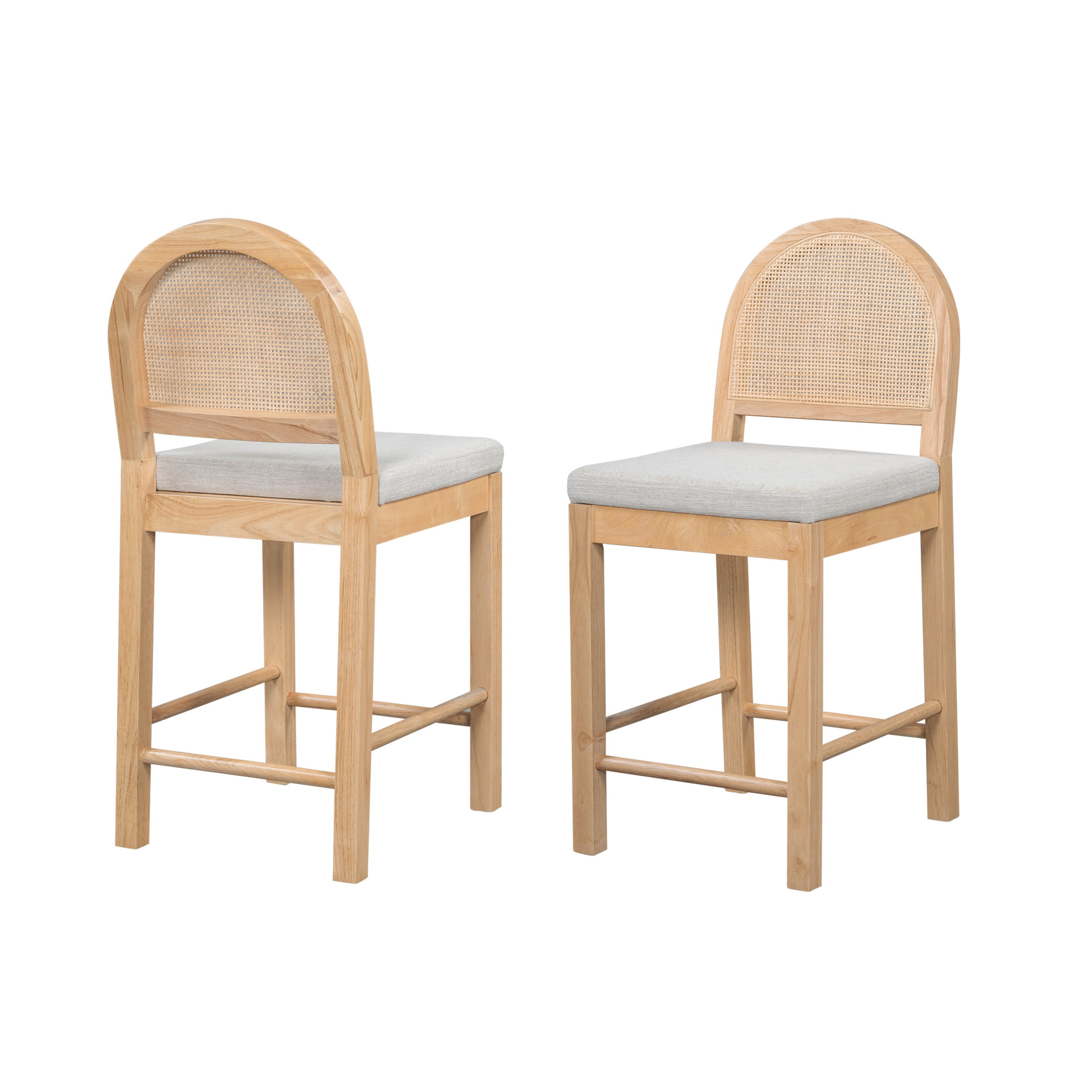 Christopher Knight Home 24.5" Counter Stools, Natural Wood Frame, Rattan Woven Back, Gray Cushion, Set of 2