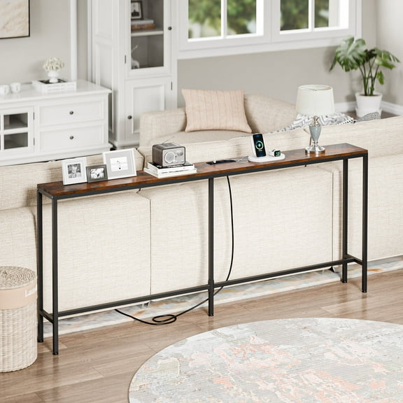 HomGarden 71-in Entryway Console Table W/Charging Station Narrow Sofa Side Table Power Outlet Rustic Brown