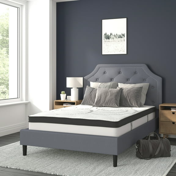 Flash Furniture Brighton Full Size Tufted Upholstered Platform Bed in Light Gray Fabric with 10 Inch CertiPUR-US Certified Pocket Spring Mattress