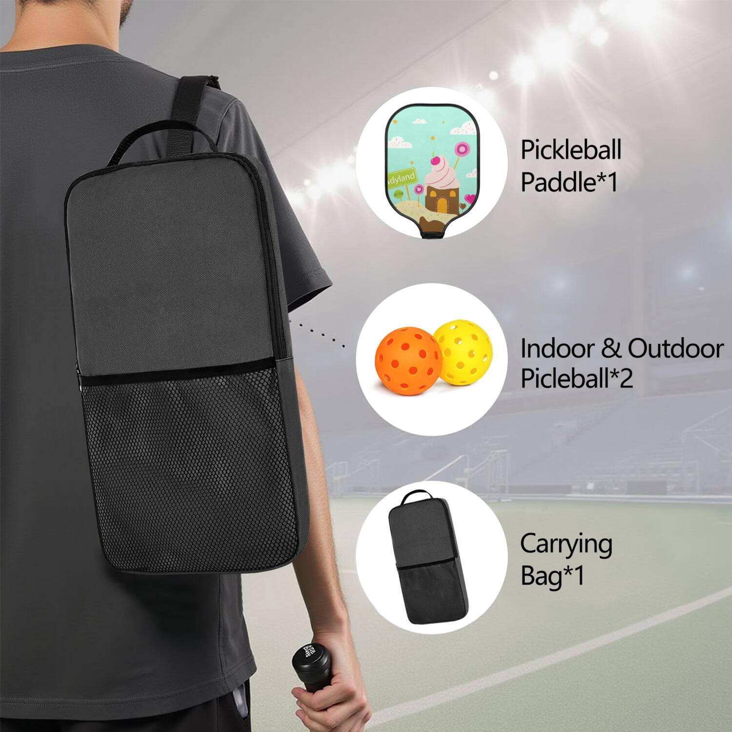 Pickleball Paddles Set Of 1, Fiberglass Surface, Sweet Candy Print, 1 Paddle, 2 Balls & Bag
