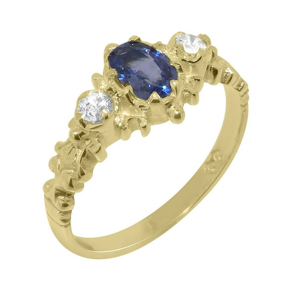 LBG British Made 14k Yellow Gold Natural Sapphire & Cubic Zirconia Womens Anniversary Ring - 33 size options - Size 10