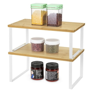 Mimifly Expandable Cabinet Shelf Organizer Rack, Set of 2 Stackable Kitchen Counter Storage Shelves Stand, Pantry Shelf Spice Rack, Metal and Natural Bamboo