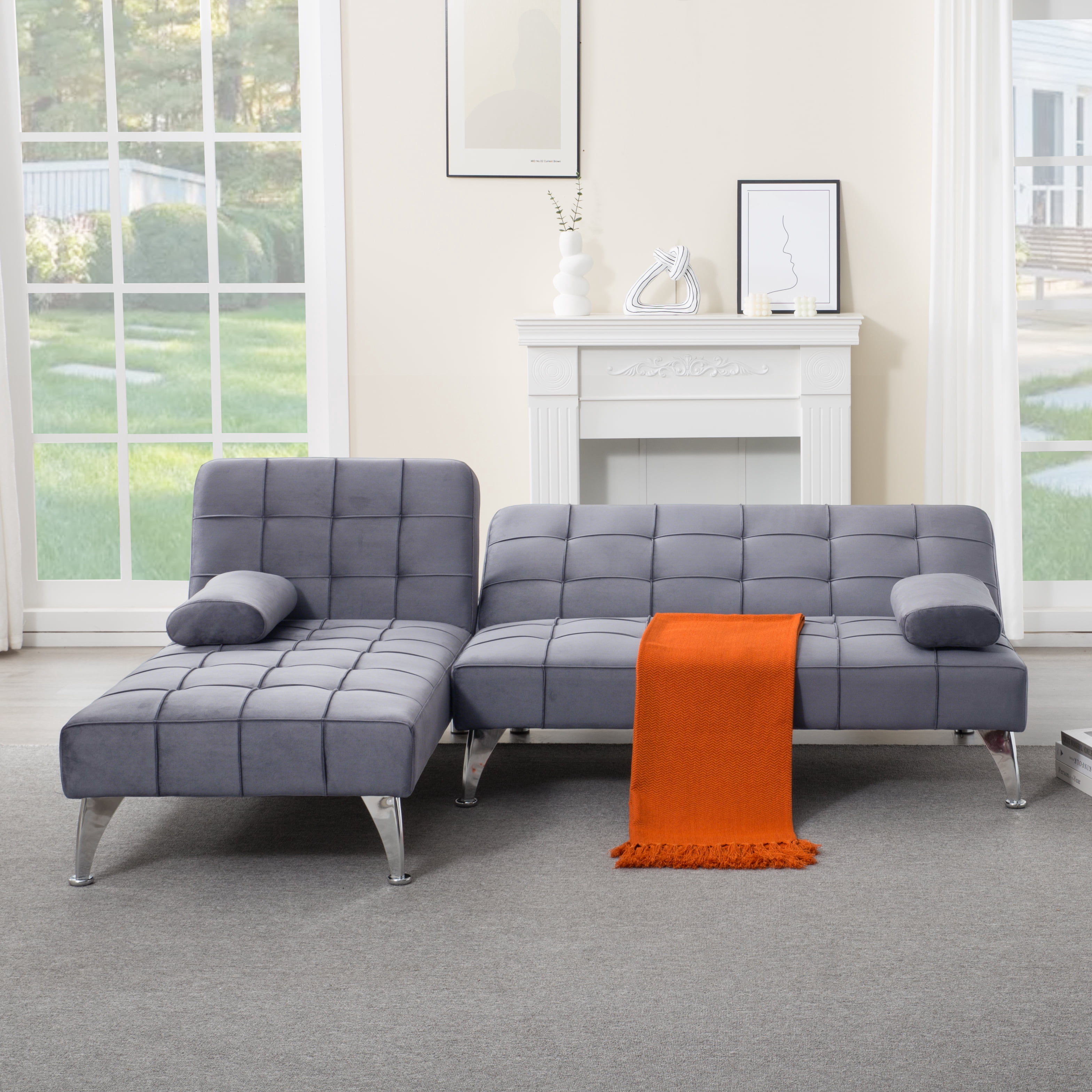 Gewnee 78.35”L-Shaped Velvet Reversible Sectional Sleeper Sofa,Futon Sofa with Adjustable Split Back & Chaise,Couch for Home,Office and Guest Room.Dark Grey