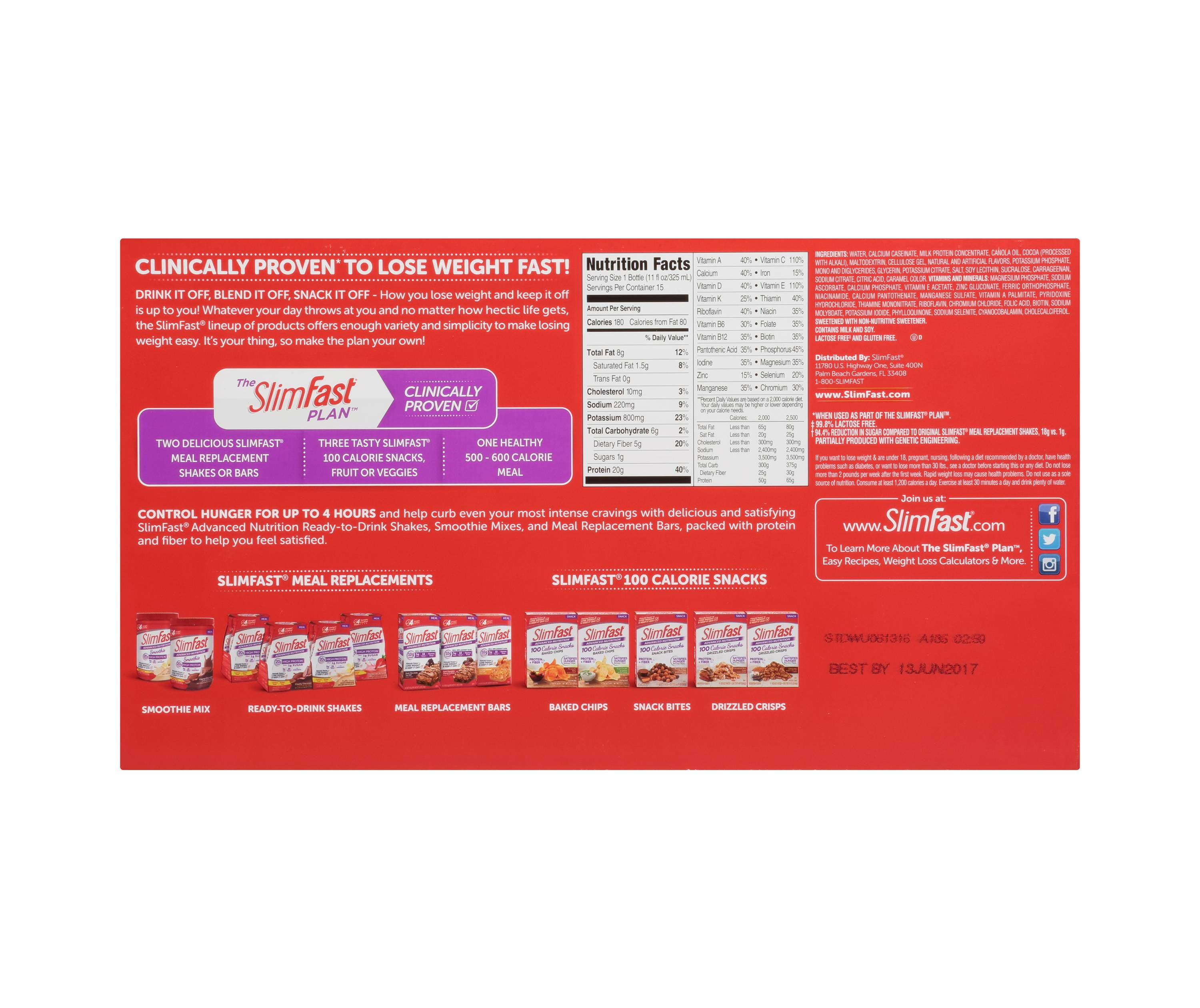 SlimFast Advanced Nutrition Meal Replacement Shake, Creamy Chocolate, 11 Fl Oz, 15 Ct