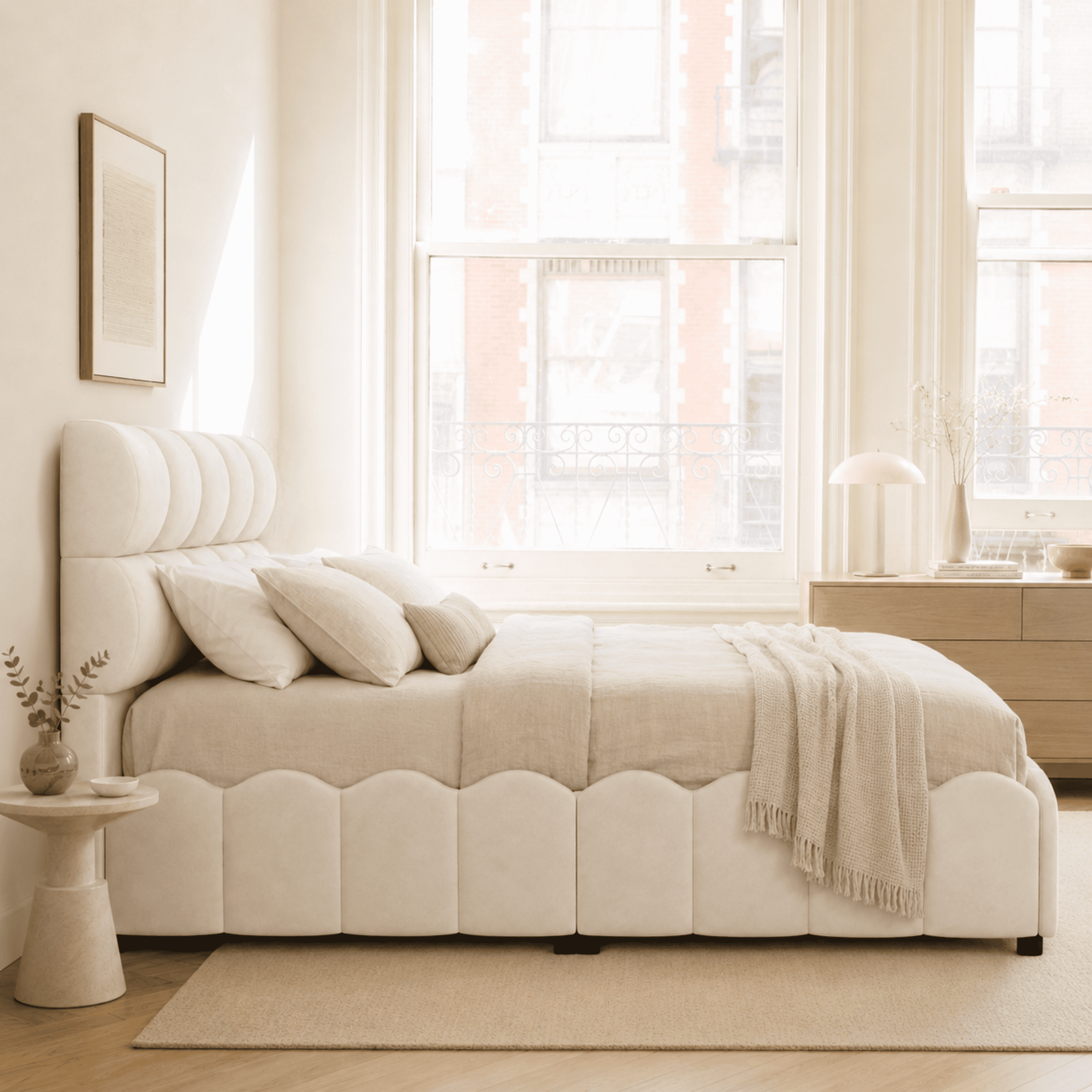 Euroco Upholstery Velvet Full Size Platform Bed with Tall Panel Headboard, No Box Spring Needed, Beige