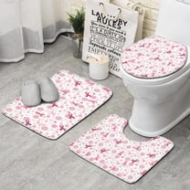 Pink Breast Cancer and Pioneer Flower Bathroom Rugs Sets 3 Piece,Toilet Cover Set,Absorbent Non Slip Bathroom Mats Sets with U-Shaped Contour Rug Toilet Rug Set