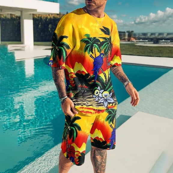 Vedolay Short Set Men's 2 Piece Outfits Casual Floral Print Shirts and Drawstring Waist Shorts,Gold M