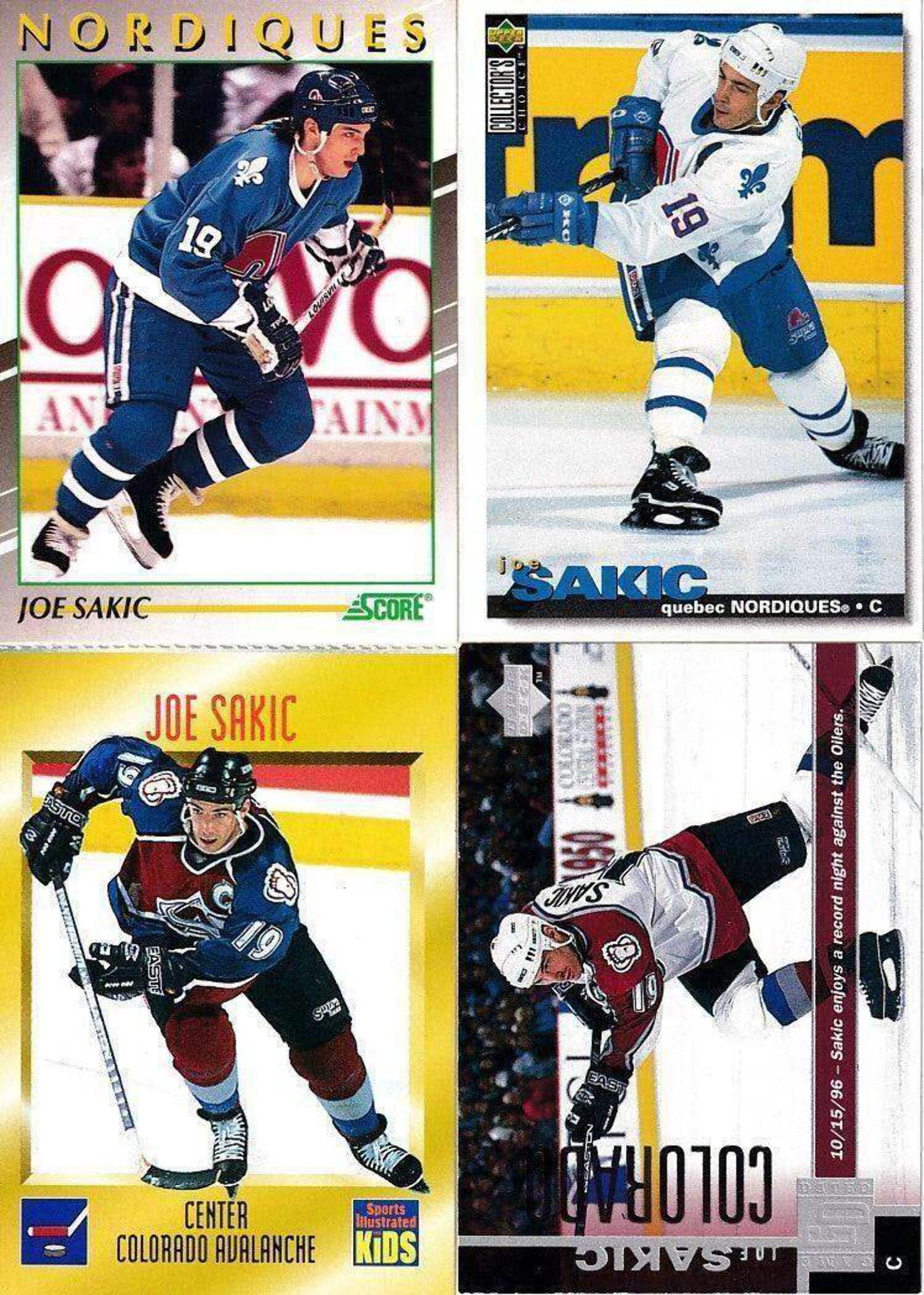 Joe Sakic lot of 4 NHL Hockey cards 1991 Score Young Superstars 1996 Sports Illustrated for Kids