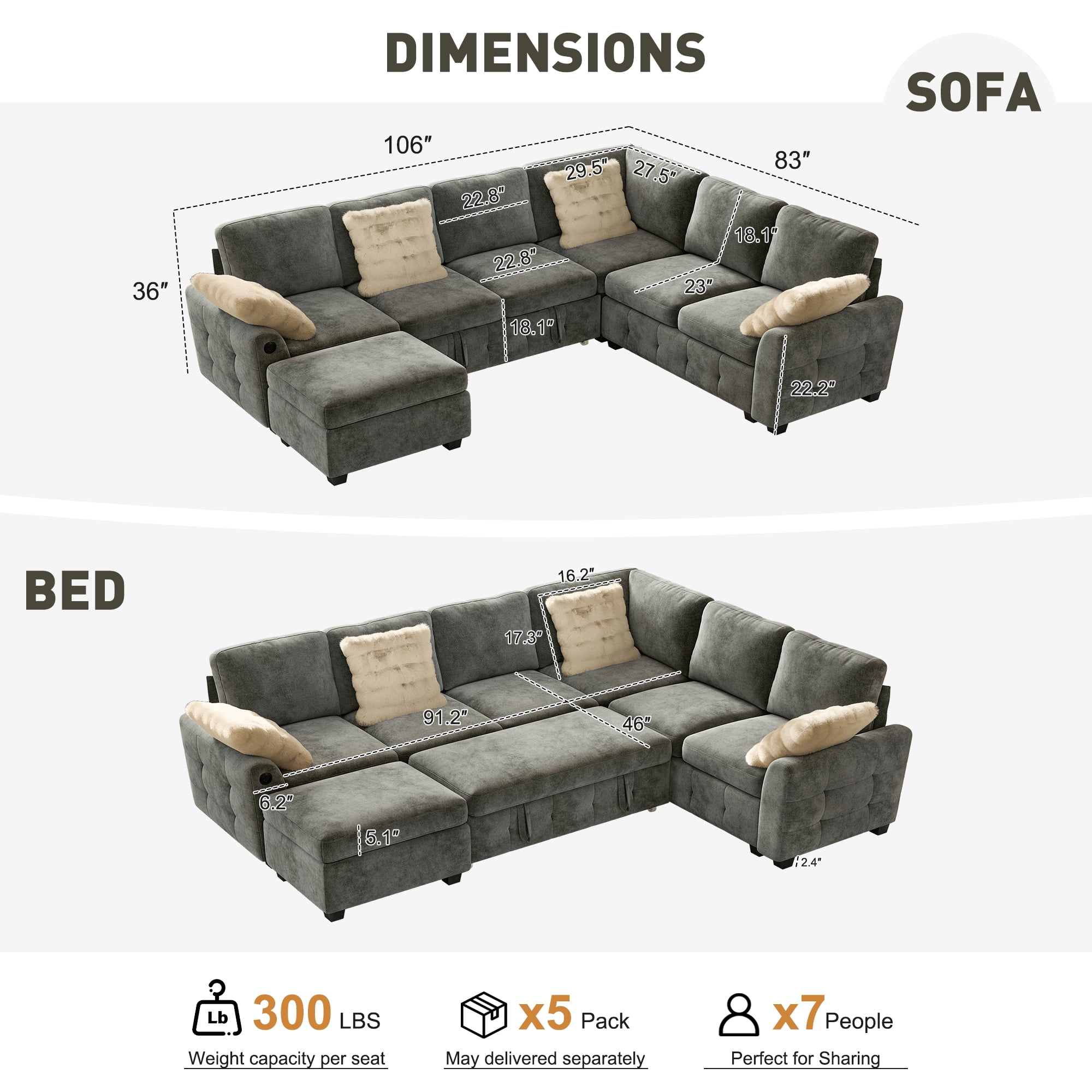BedLuxury 106" Modular Sectional Sofa Bed with Pull Out Bed, Large Storage & USB Charging, Modern Sleeper Couch for Living Room, Chenille Gray