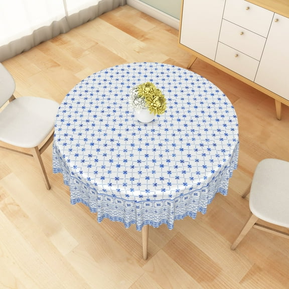 MIZHONA Light Blue Round Tablecloth,Vintage Floral Pattern Table Cloth for Kitchen Dinning Outdoor Decor，60"