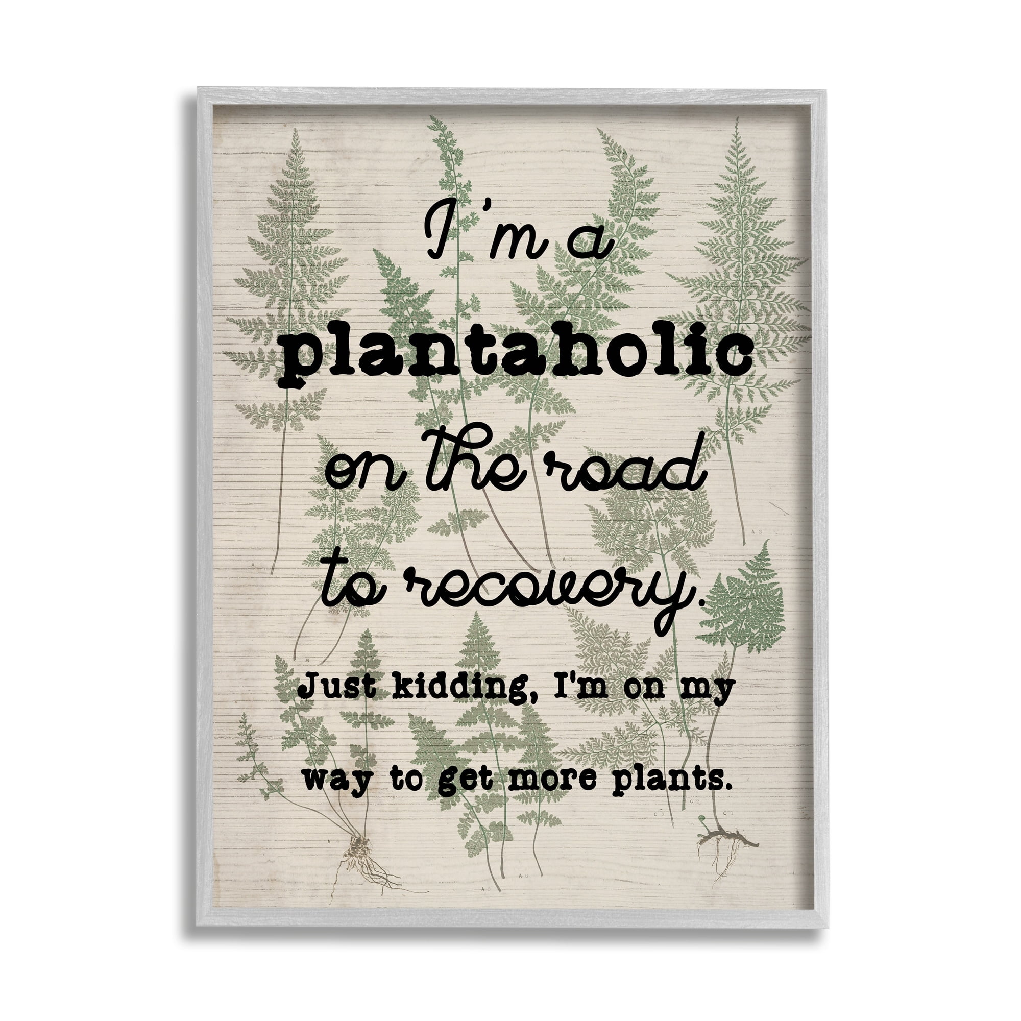 Stupell Industries Humorous Plantaholic Gardening Phrase Fern Plant Pattern Graphic Art Gray Framed Art Print Wall Art, Design by Daphne Polselli