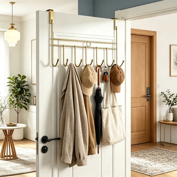 JUXIAO 3PCS Gold Metal over The Door Hooks, over The Door Towel Rack Coat Rack Hanger with 7 Hooks Holder for Clothes, Coat, Hat, Towel, Key Ued and Home, Office, Kitchen