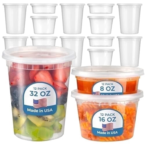 Fit Meal Prep 36 Pack 8 16 32 oz Deli Containers with Lids, US Made Leakproof Quart Containers with Lids, Clear Plastic Food Storage Container with Lid, Microwave Freezer Safe Meal Prep Container