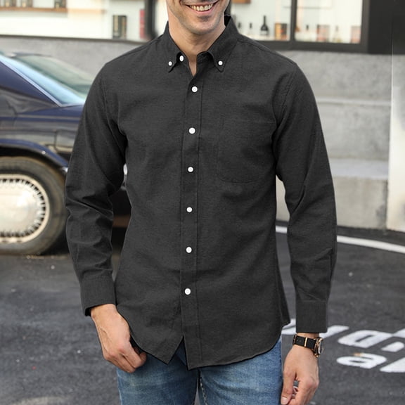 Stretch Wrinkle Free Oxford Dress Shirt Men, Button Collar Pocket Slim Long Sleeve Basic Top for Daily Business Casual Wear Black L