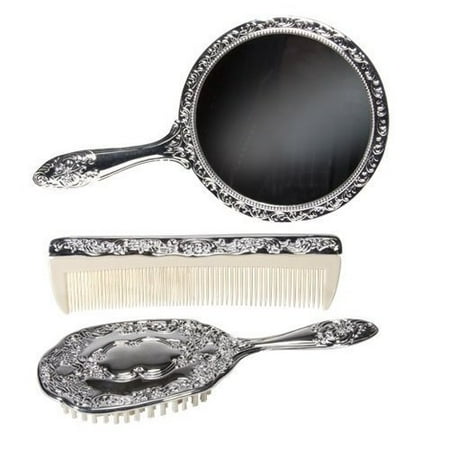 3 Pc Silver Chrome Girls Vanity Set Comb Brush Mirror Canada Comb Brush Mirror, Vanity Mirror And Brush Set