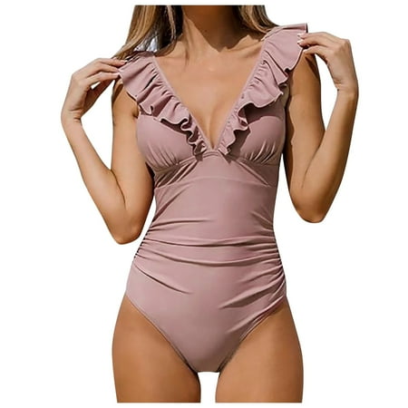 QYZEU Womens One Piece Swimsuits Sexy Solid Color Bikini V Neck Ruffled Swimsuit High Waist Pleated Bikini Bottom Breathable Comfortable Lightweight Swimwear Pink 2XL