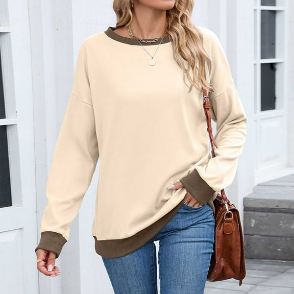 Ounisa Sweatshirts for Women Crewneck Long Sleeve Loose Fit Tops Color Block Ribbed Trim Fashion 2025
