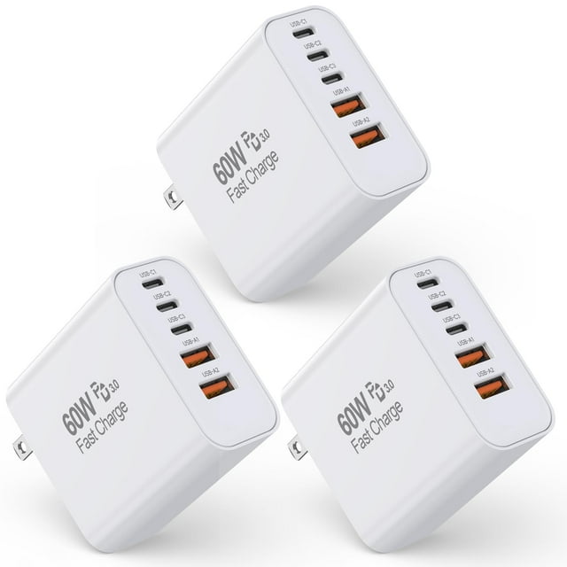 Articona Paquete de 3 Cargadores USB-C de Carga Rápida de 60W con 5 Puertos