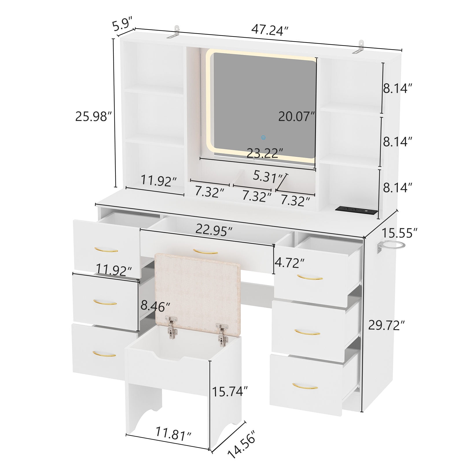47" Large Vanity Desk with LED Lighted Mirror & Power Outlet & 7 Drawers, Makeup Vanity Table Set with Storage Stool and Hair Dryer Rack, White
