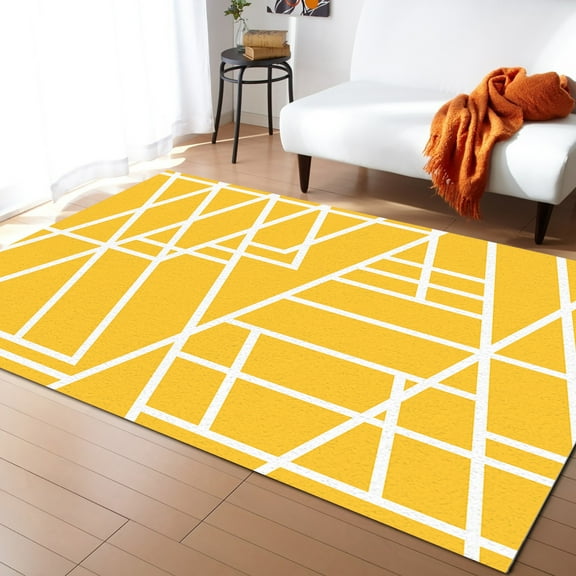 Area Rug 5'x7' Abstract Geometric White Line Yellow Texture Washable Area Rugs Non Shedding Floor Carpet Rubber Backing Non-Slip Indoor Mats for Living Room Bedroom Kitchen