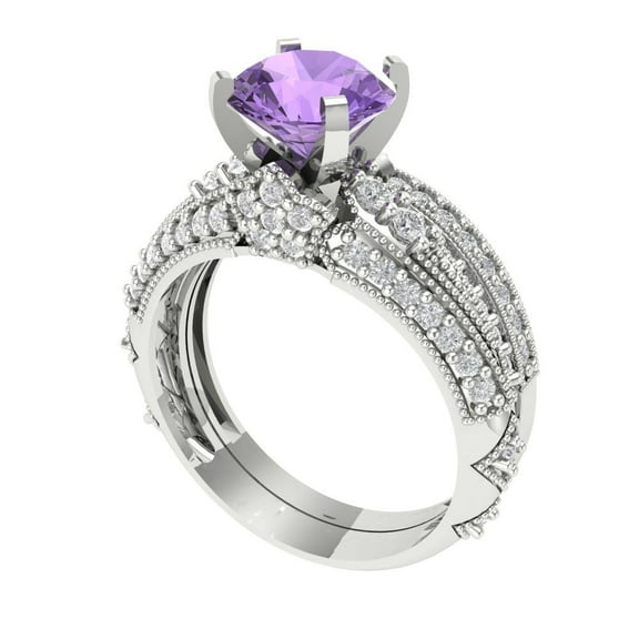 1.99 ct Brilliant Round Cut Alexandrite 14k White Gold Solitaire with Accents Engagement Bridal Wedding Ring Band Set size 6.75