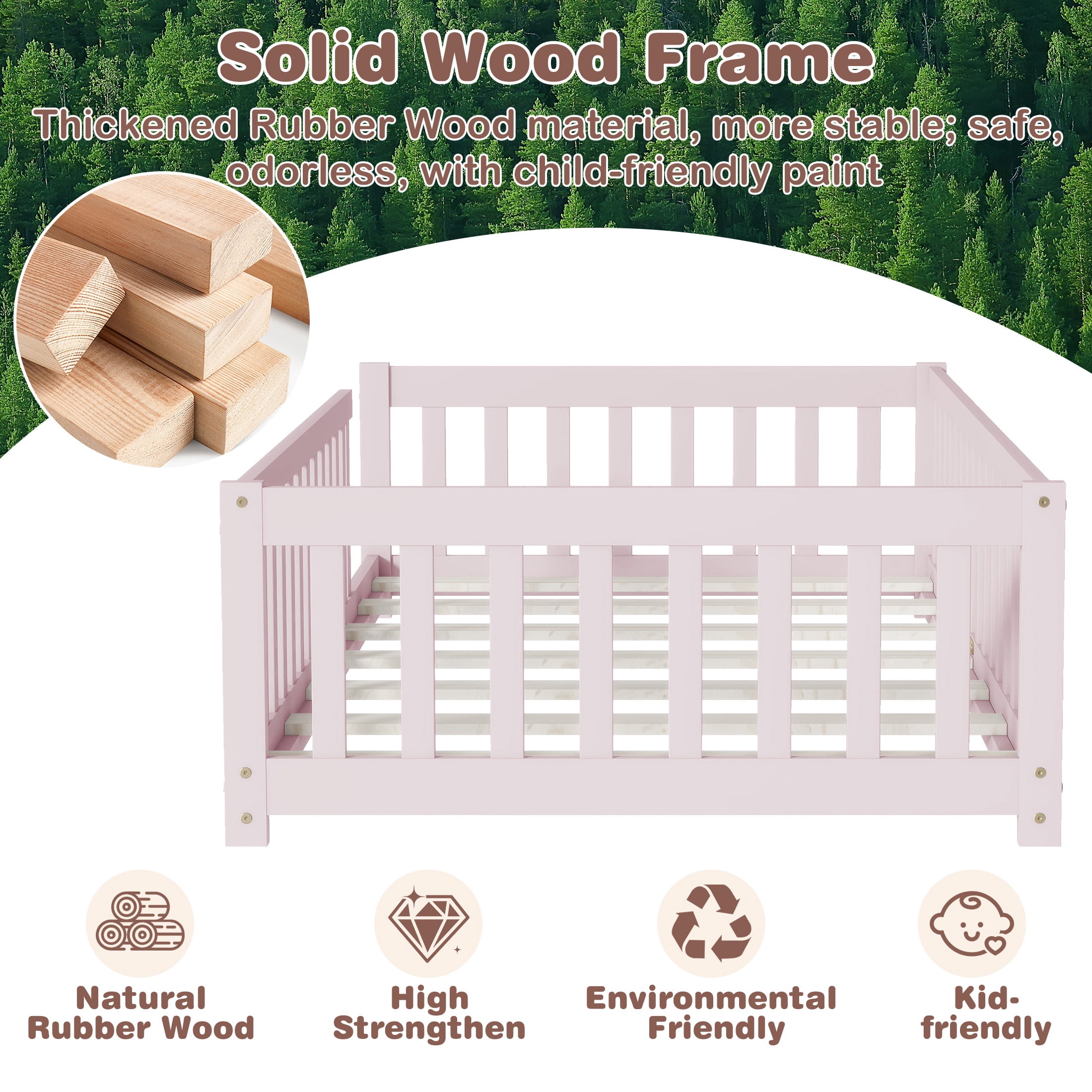 PORKISS Twin Toddler Bed with Guardrails, Low Profile Floor Bed Frame with Open Entry, Wood Montessori Bed with 7 Slats for Kids, No Box Spring Needed, Pink