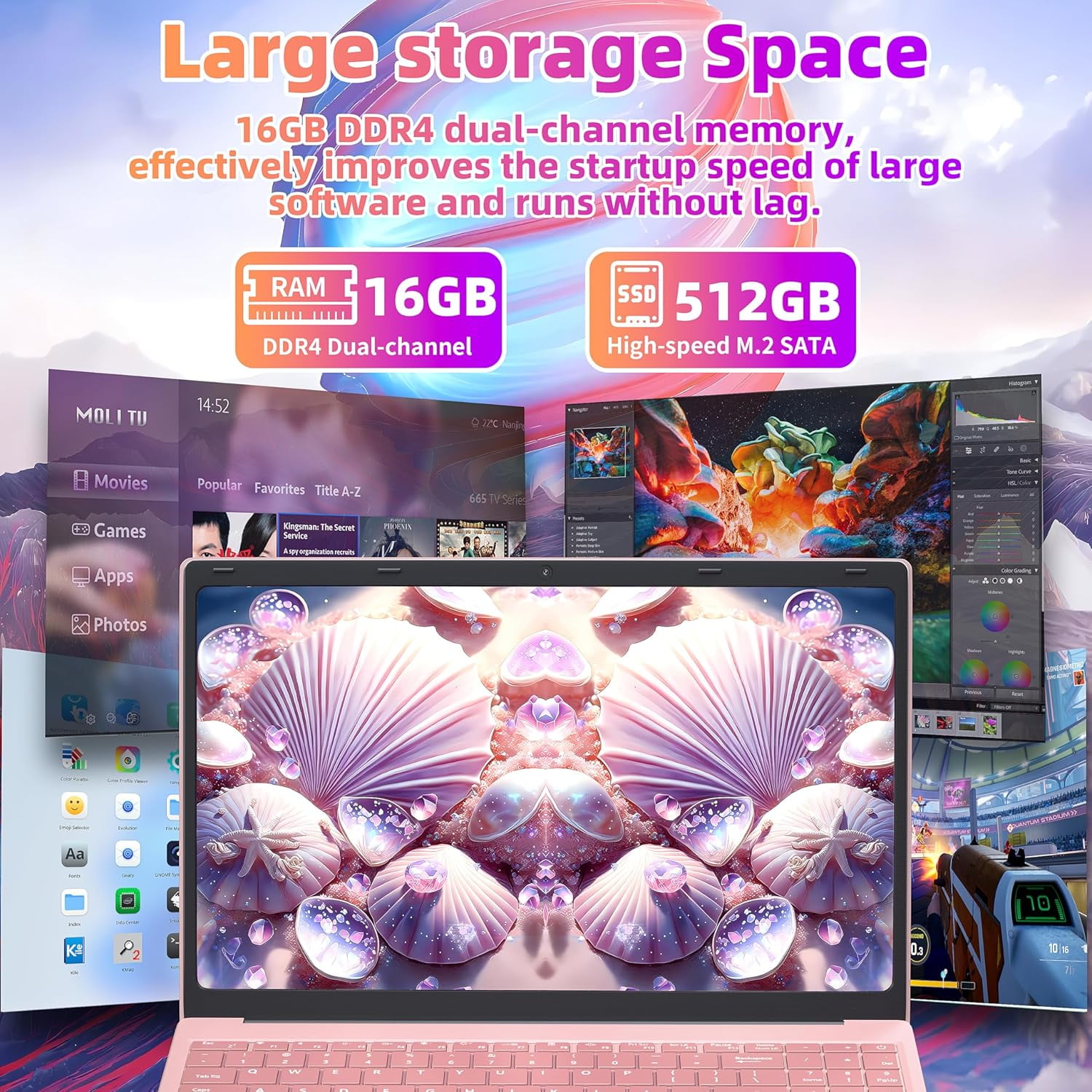 Rumtuk 16" Rose Gold Laptop, DDR4 16GB RAM, 512GB SSD, Win 11 Pro/Office 2019, Celeron N5105 CPU, FHD IPS Display, Backlit KB, Fingerprint, USB 3.0, HDMI, WiFi/BT, PC Notebook for Work, Study