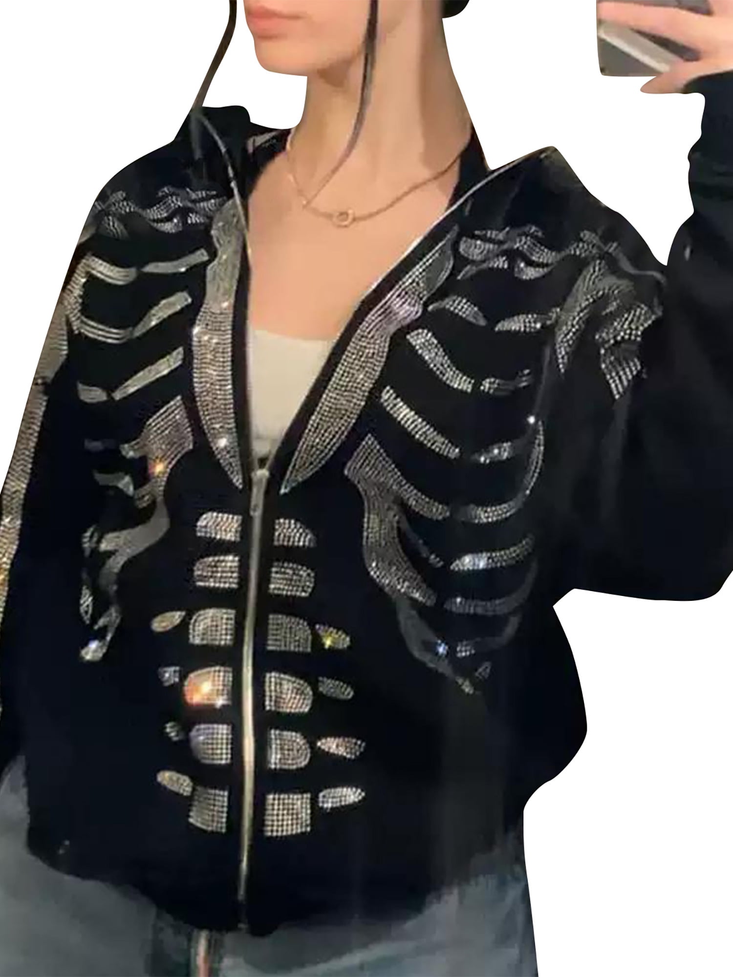 Women Y2k Zip Up Hoodie Skeleton Rhinestone Hooded