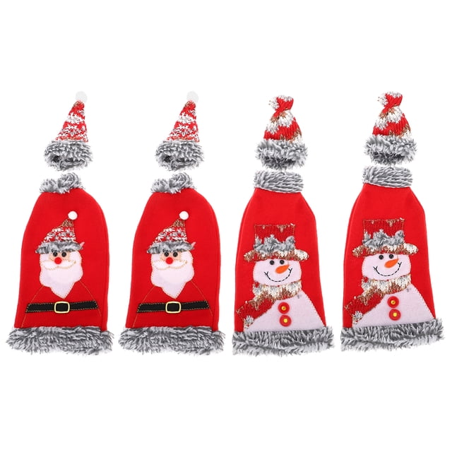 4 piezas de franela gris cubierta de botella de vino recortada Funda de botella de Navidad con decoración de mesa con tapa (Santa y muñeco de nieve)