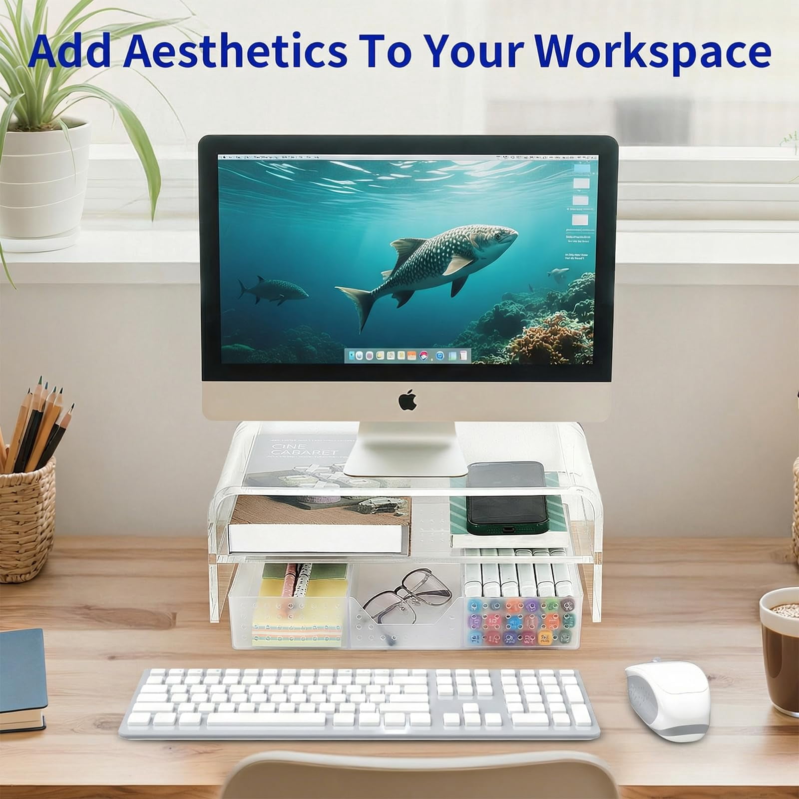 Clear Desk Organizers And Accessories  2-tier Computer Monitor Stand Riser With Drawer Laptop Office For Supplies Transparent